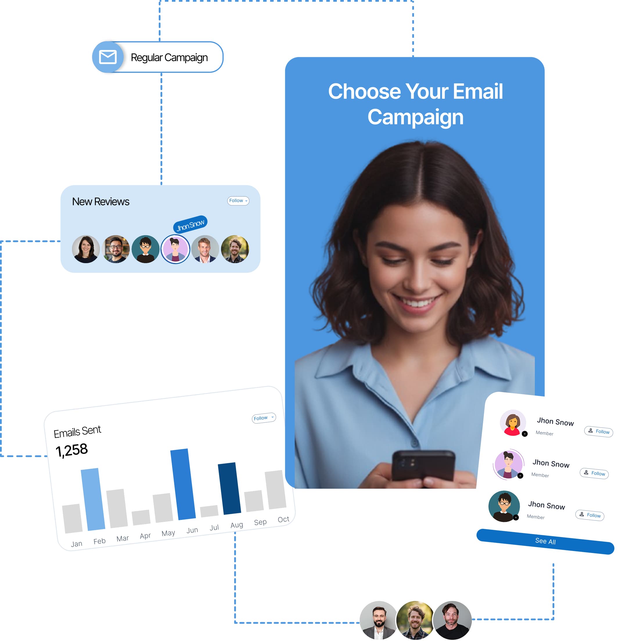 Email campaign workflow mockups and metrics graph